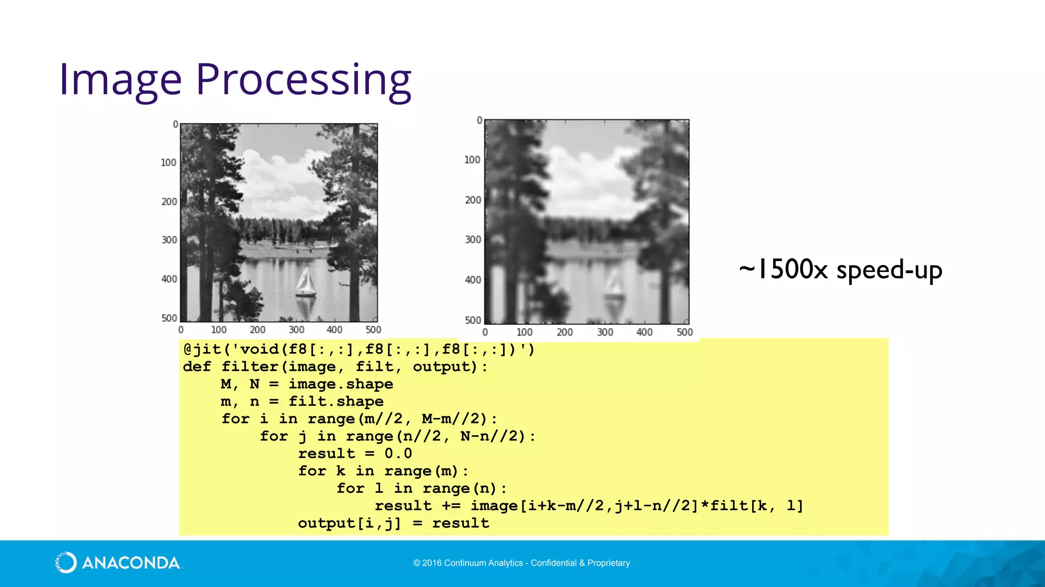 © 2016 Continuum Analytics - Confidential & Proprietary
Image Processing
@jit('void(f8[:,:],f8[:,:],f8[:,:])')
def filter(image, filt, output):
M, N = image.shape
m, n = filt.shape
for i in range(m//2, M-m//2):
for j in range(n//2, N-n//2):
result = 0.0
for k in range(m):
for l in range(n):
result += image[i+k-m//2,j+l-n//2]*filt[k, l]
output[i,j] = result
~1500x speed-up
 