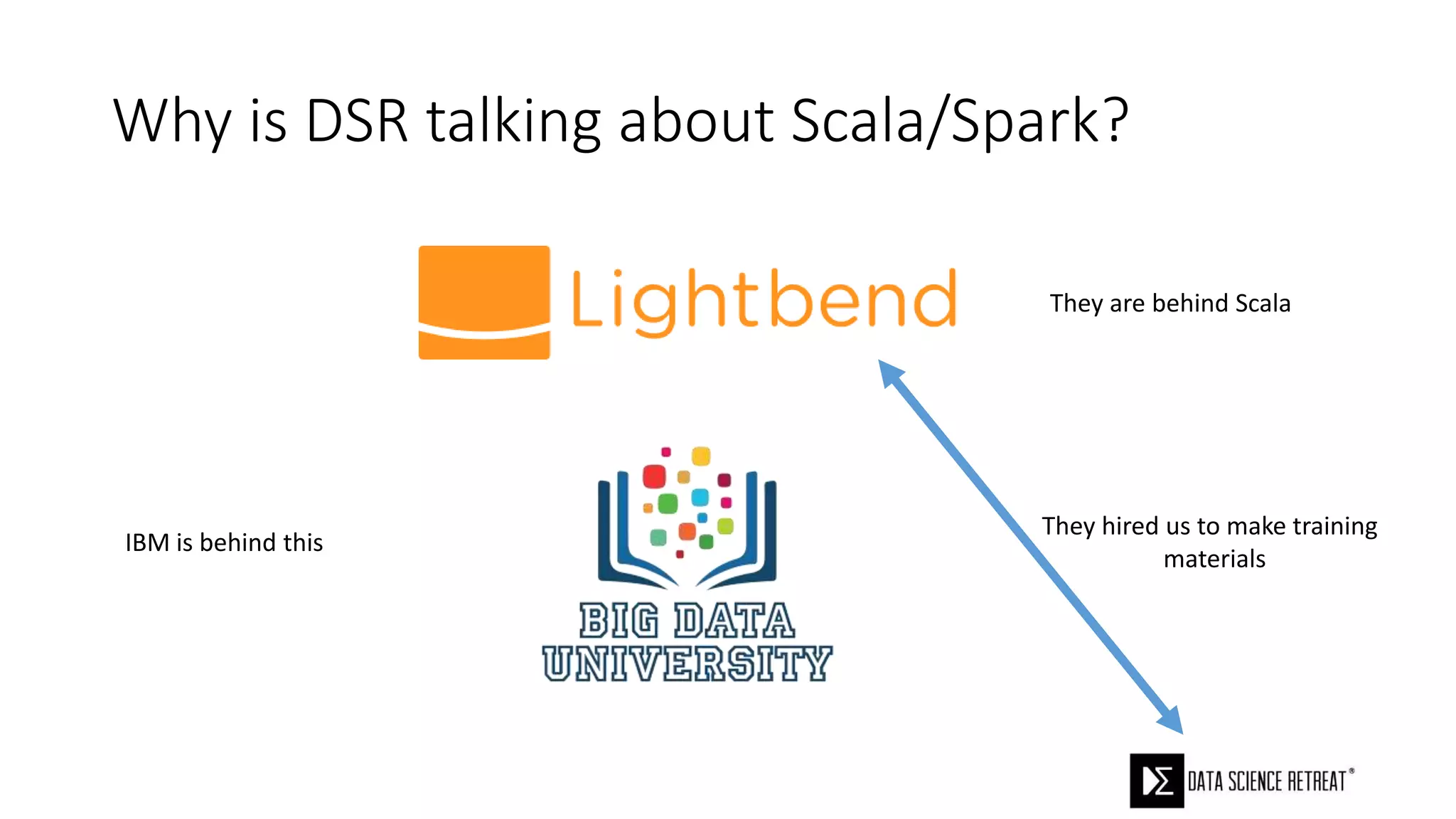 Why is DSR talking about Scala/Spark?
They are behind Scala
IBM is behind this
They hired us to make training
materials
 