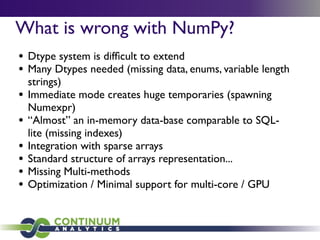 What is wrong with NumPy?
• Dtype system is difﬁcult to extend
• Many Dtypes needed (missing data, enums, variable length
strings)
• Immediate mode creates huge temporaries (spawning
Numexpr)
• “Almost” an in-memory data-base comparable to SQL-
lite (missing indexes)
• Integration with sparse arrays
• Standard structure of arrays representation...
• Missing Multi-methods
• Optimization / Minimal support for multi-core / GPU
 