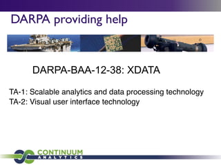 DARPA providing help
DARPA-BAA-12-38: XDATA
TA-1: Scalable analytics and data processing technology	
  
TA-2: Visual user interface technology
 