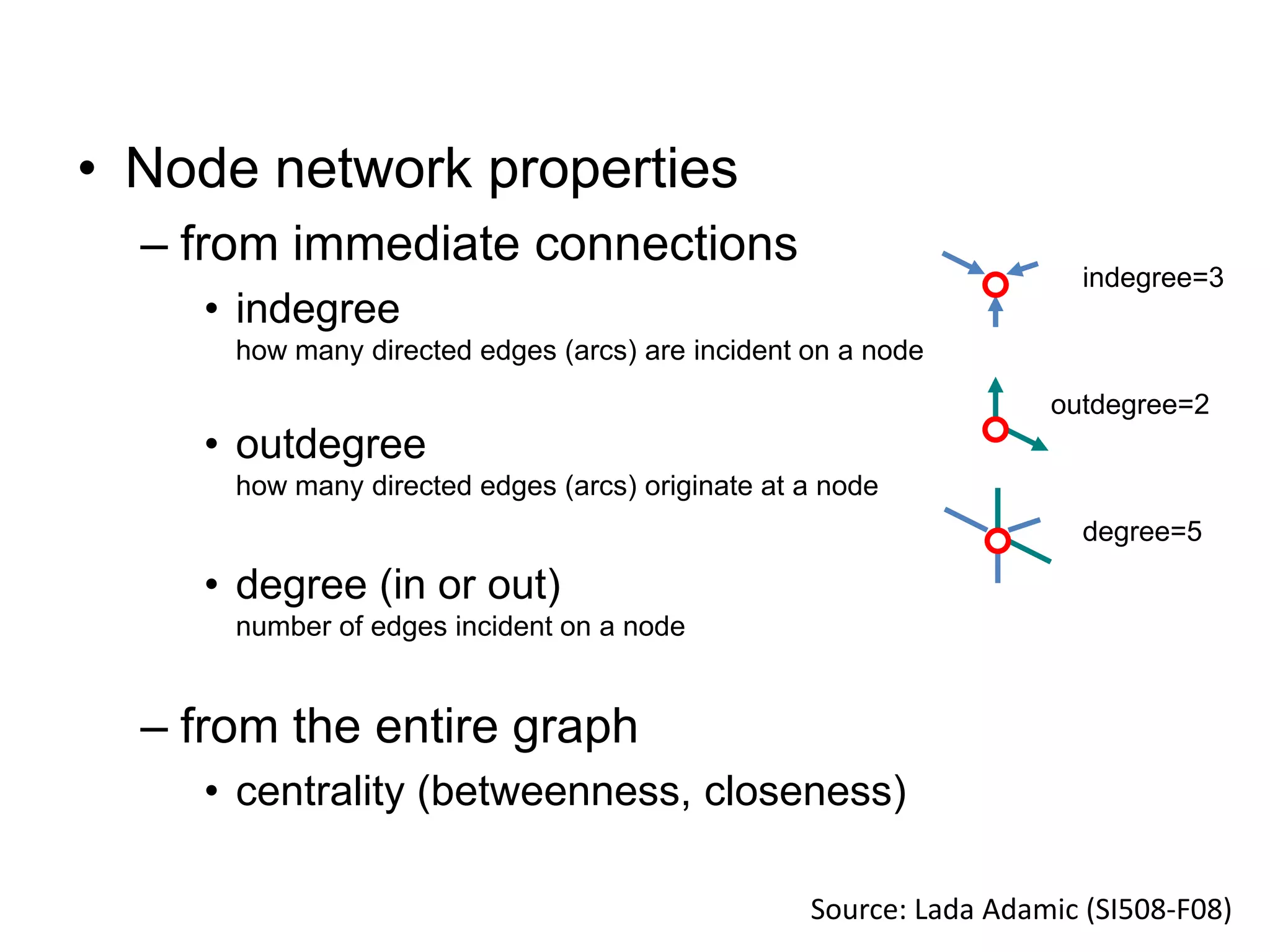 • Node network properties
  – from immediate connections
                                                                     indegree=3
    • indegree
      how many directed edges (arcs) are incident on a node
                                                                   outdegree=2
    • outdegree
      how many directed edges (arcs) originate at a node
                                                                     degree=5

    • degree (in or out)
      number of edges incident on a node


  – from the entire graph
    • centrality (betweenness, closeness)

                                                  Source: Lada Adamic (SI508-F08)
 