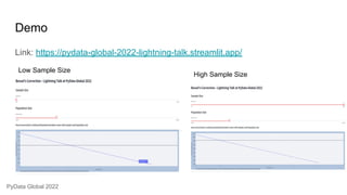 Demo
Link: https://pydata-global-2022-lightning-talk.streamlit.app/
Low Sample Size
High Sample Size
PyData Global 2022
 