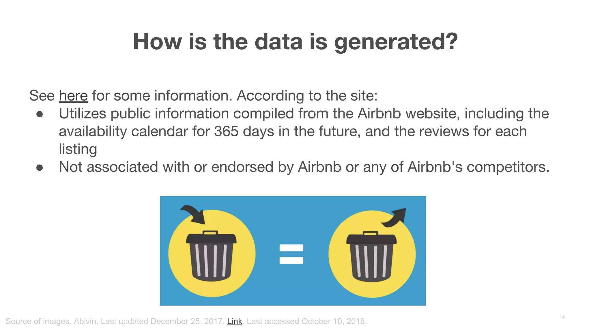 How is the data is generated? 14 Source of images. Abivin. Last updated December 25, 2017. Link. Last accessed October 10, 2018. See here for some information. According to the site: ● Utilizes public information compiled from the Airbnb website, including the availability calendar for 365 days in the future, and the reviews for each listing ● Not associated with or endorsed by Airbnb or any of Airbnb's competitors. 