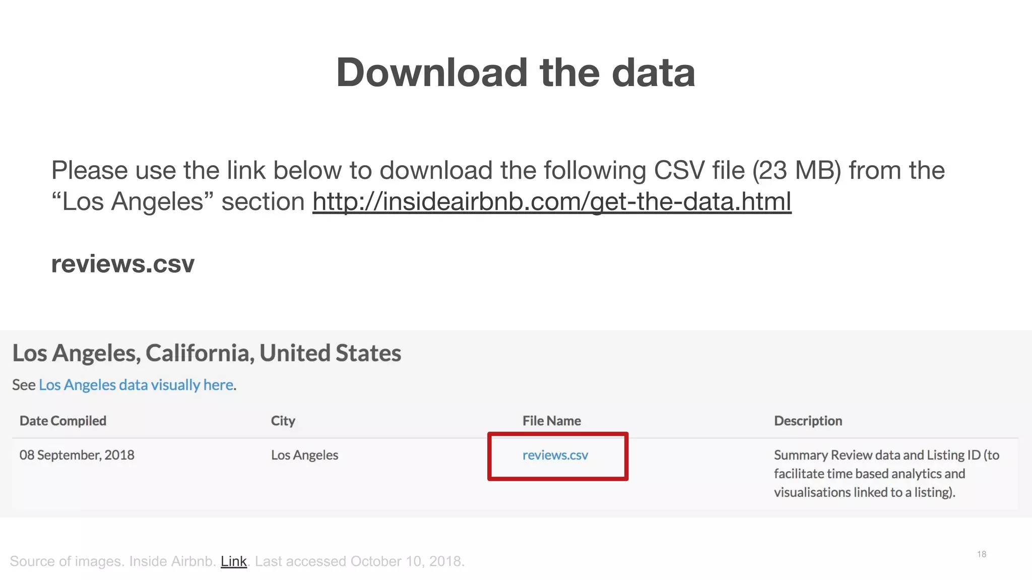 Please use the link below to download the following CSV file (23 MB) from the “Los Angeles” section http://insideairbnb.com/get-the-data.html reviews.csv Download the data 18 Source of images. Inside Airbnb. Link. Last accessed October 10, 2018. 