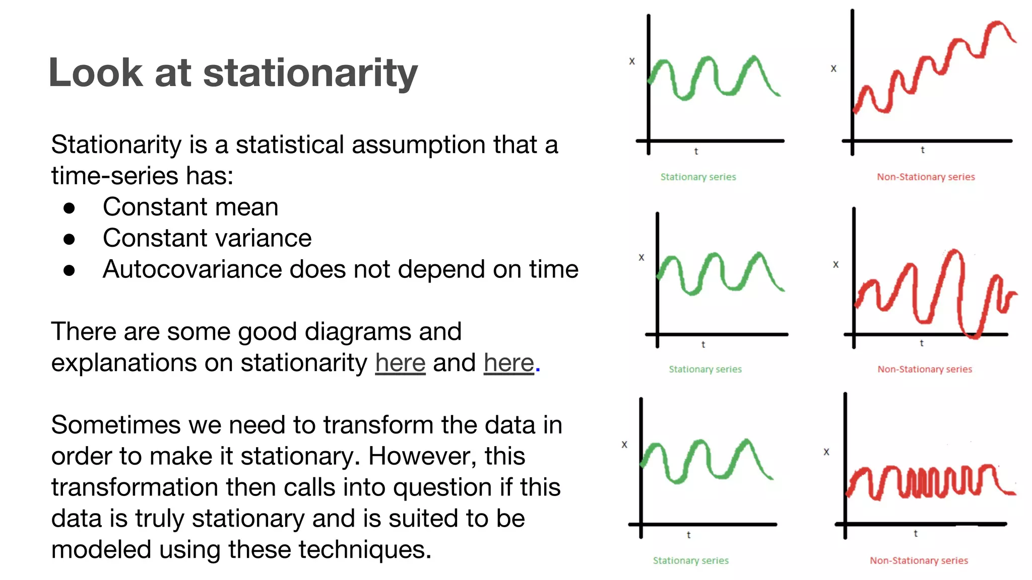 Stationarity is a statistical assumption that a time-series has: ● Constant mean ● Constant variance ● Autocovariance does not depend on time There are some good diagrams and explanations on stationarity here and here. Sometimes we need to transform the data in order to make it stationary. However, this transformation then calls into question if this data is truly stationary and is suited to be modeled using these techniques. Look at stationarity 31 