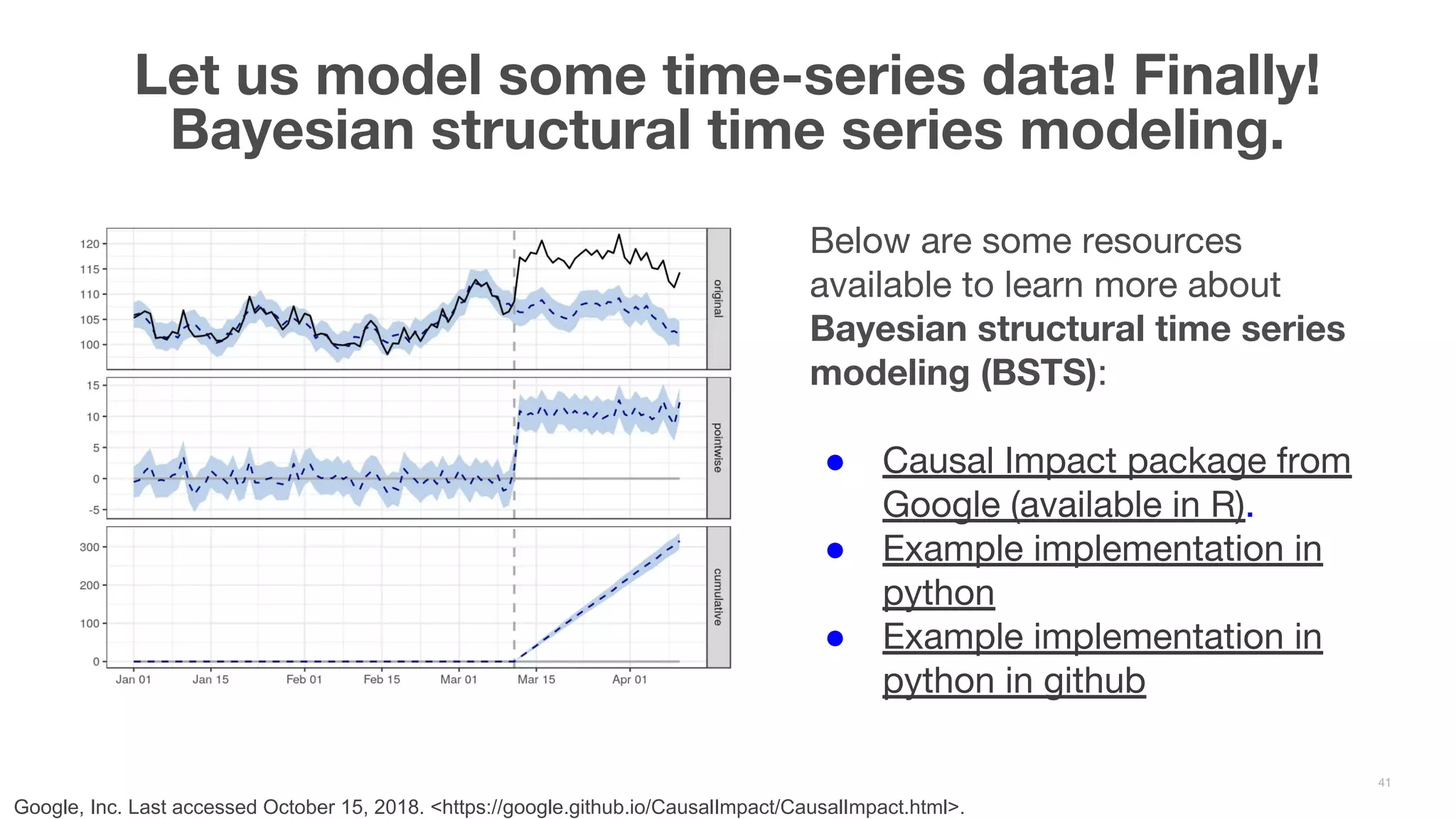 Below are some resources available to learn more about Bayesian structural time series modeling (BSTS): ● Causal Impact package from Google (available in R). ● Example implementation in python ● Example implementation in python in github Let us model some time-series data! Finally! Bayesian structural time series modeling. 41 Google, Inc. Last accessed October 15, 2018. <https://google.github.io/CausalImpact/CausalImpact.html>. 