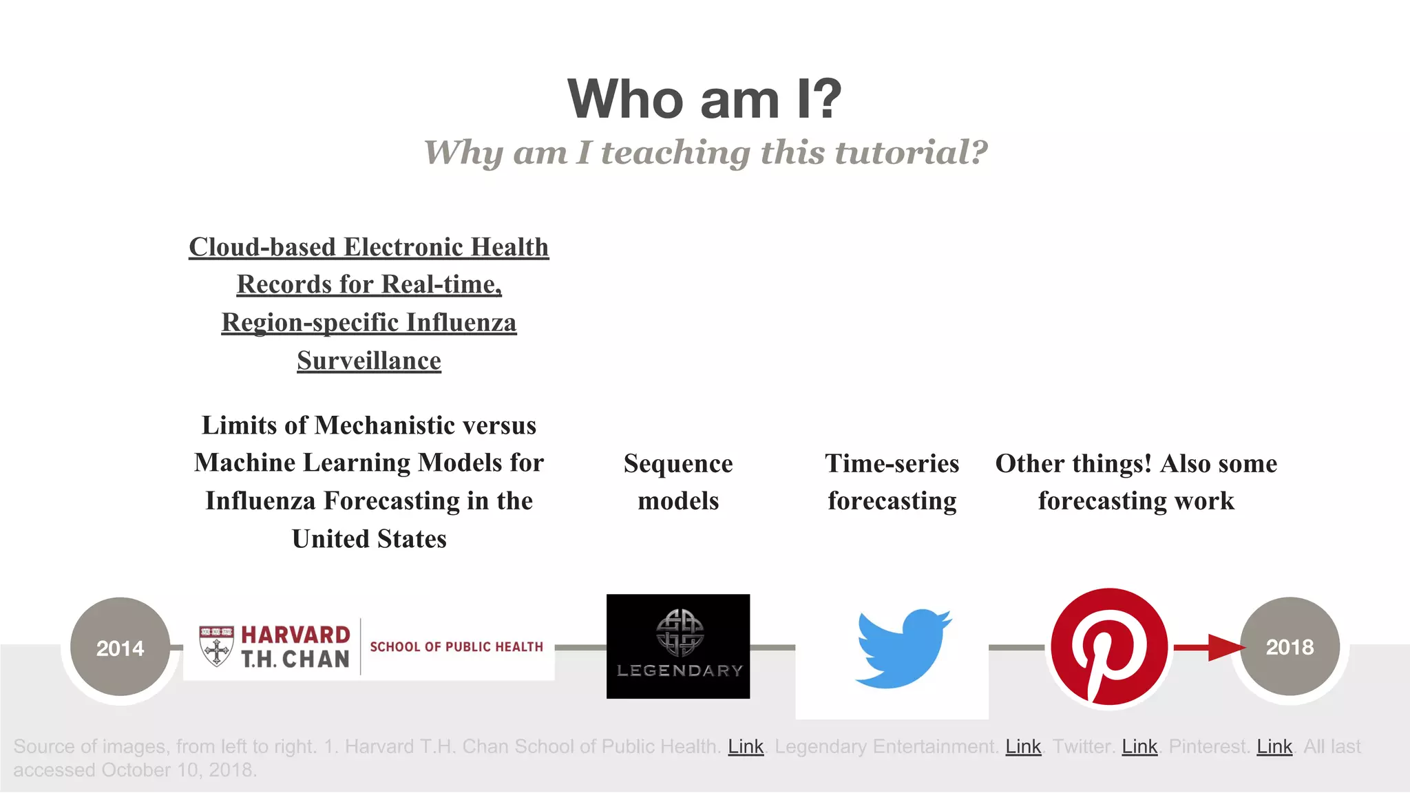 Who am I? Why am I teaching this tutorial? 9Source: Placeholder Numbers 2014 2018 Limits of Mechanistic versus Machine Learning Models for Influenza Forecasting in the United States Time-series forecasting Other things! Also some forecasting work Sequence models Cloud-based Electronic Health Records for Real-time, Region-specific Influenza Surveillance Source of images, from left to right. 1. Harvard T.H. Chan School of Public Health. Link. Legendary Entertainment. Link. Twitter. Link. Pinterest. Link. All last accessed October 10, 2018. 