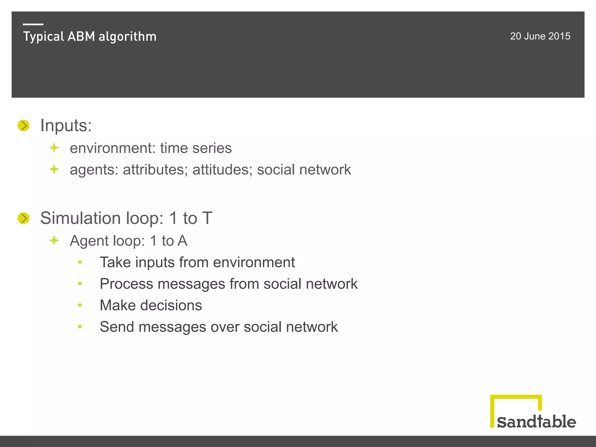 Typical ABM algorithm 20 June 2015
!   Inputs:
ª  environment: time series
ª  agents: attributes; attitudes; social network
!   Simulation loop: 1 to T
ª  Agent loop: 1 to A
•  Take inputs from environment
•  Process messages from social network
•  Make decisions
•  Send messages over social network
 