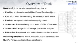 @teoliphantOverview of Dask
48
Dask is a Python parallel computing library that is:
• Familiar: Implements parallel NumPy ...
