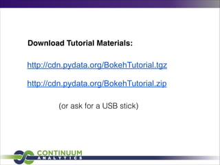 Download Tutorial Materials:

http://cdn.pydata.org/BokehTutorial.tgz
!

http://cdn.pydata.org/BokehTutorial.zip
(or ask for a USB stick)

 
