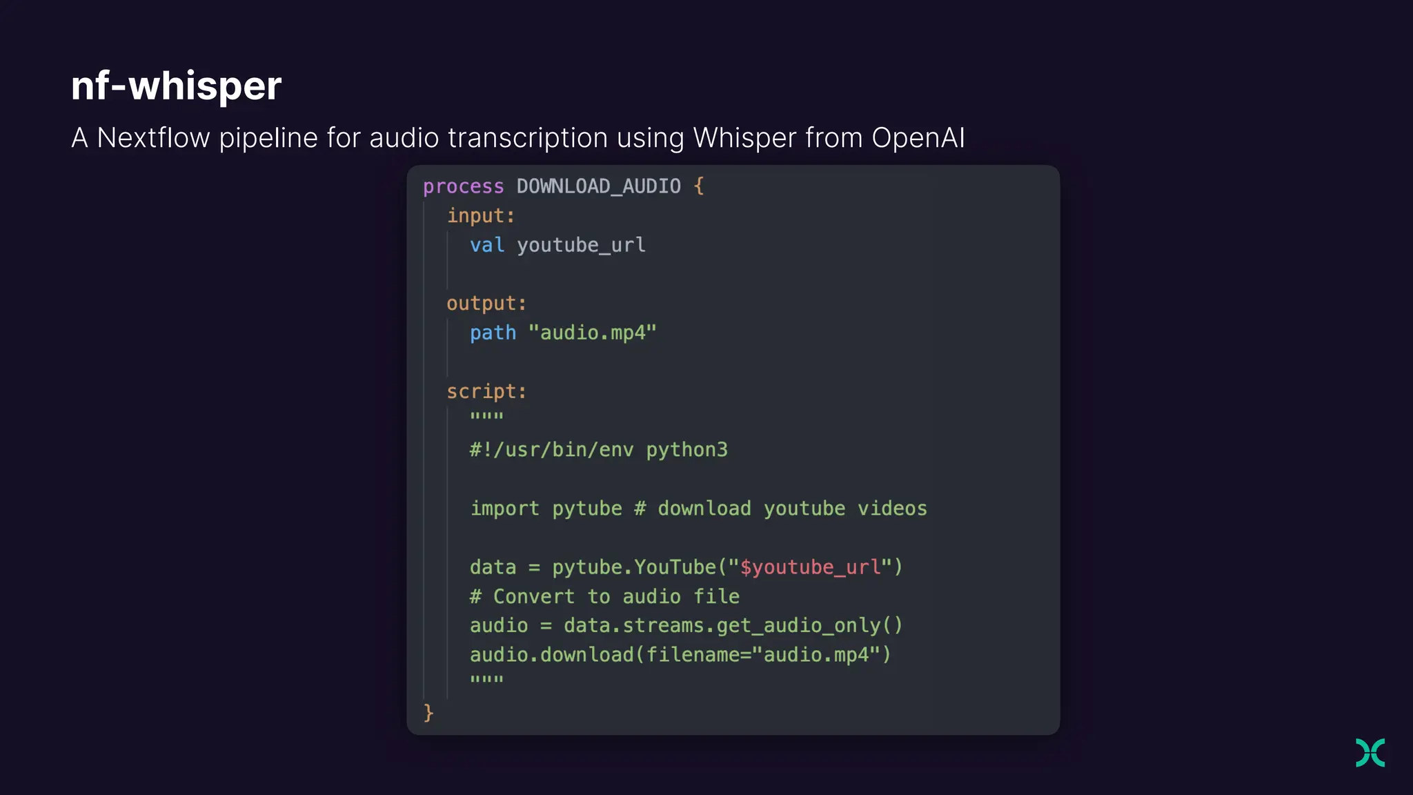 A Nextflow pipeline for audio transcription using Whisper from OpenAI
nf-whisper
 