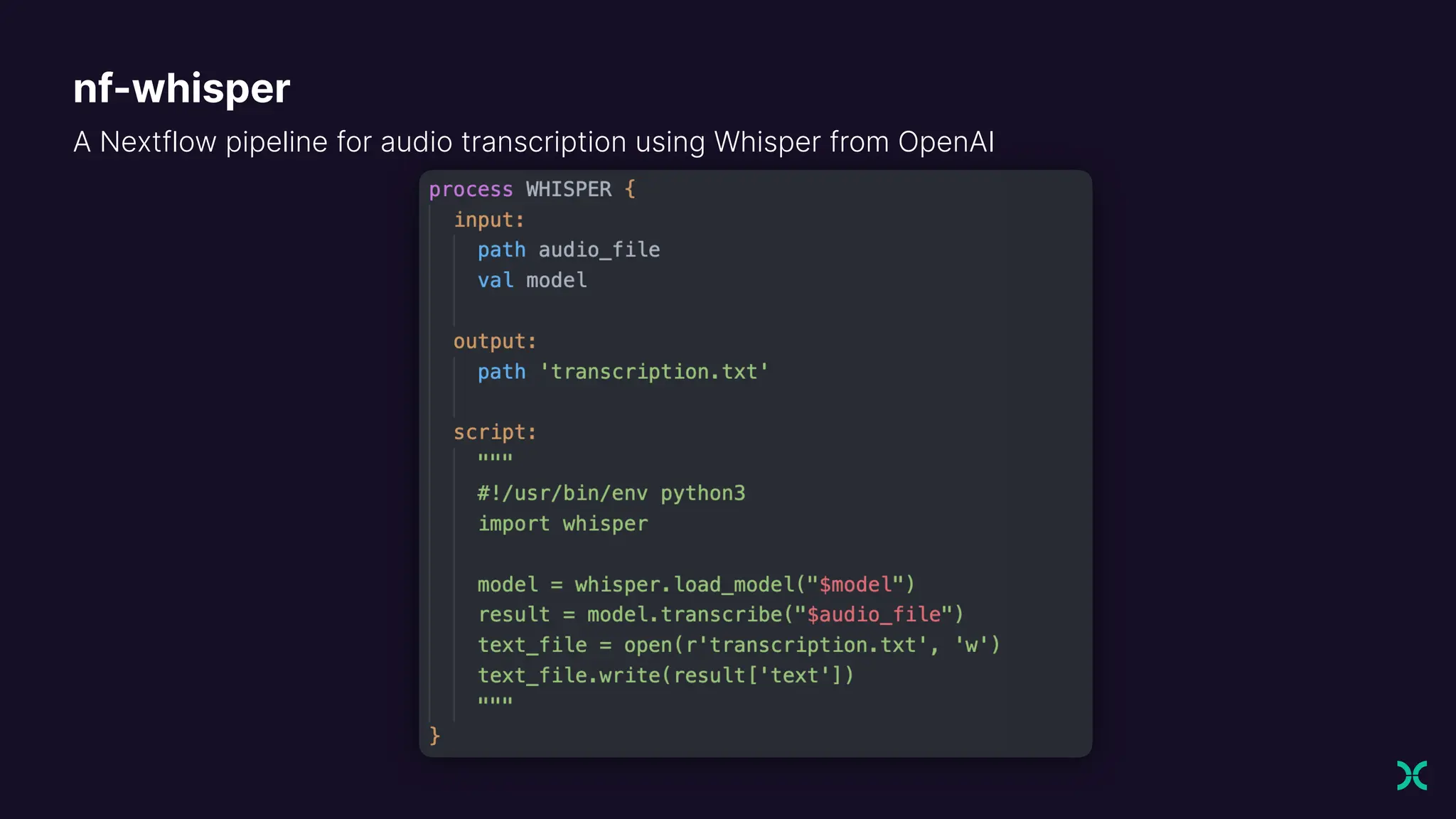 A Nextflow pipeline for audio transcription using Whisper from OpenAI
nf-whisper
 