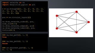 import networkx as nx
import matplotlib.pyplot as plt
G = nx.DiGraph([(1, 2), (1, 3), (4, 1),
(1, 5), (2, 3), (2, 4), (2, 5), (3, 4),
(3, 5), (4, 5)])
pos = nx.circular_layout(G)
nx.draw_networkx_nodes(G, pos,
node_size=200)
nx.draw_networkx_edges(G, pos)
nx.draw_networkx_labels(G, pos,
fontsize=14)
>>> nx.has_path(G, 1, 5)
True
>>> nx.has_path(G, 5, 1)
False
>>> nx.shortest_path(G, 1, 4)
[1, 2, 4]
 