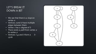 • We see that there is a loop on
vertex a
• Vertices a and b have multiple
edges between them
• Vertex c has a degree of 3
• There exists a path from vertex a
to vertex e
• Vertices f, g, and h form a 3-
cycle
 