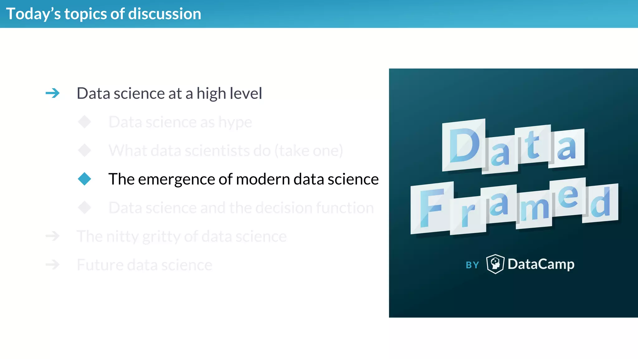 ➔ Data science at a high level
◆ Data science as hype
◆ What data scientists do (take one)
◆ The emergence of modern data science
◆ Data science and the decision function
➔ The nitty gritty of data science
➔ Future data science
Today’s topics of discussion
 