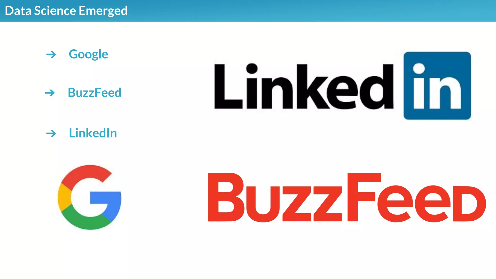 Data Science Emerged
➔ Google
➔ BuzzFeed
➔ LinkedIn
 