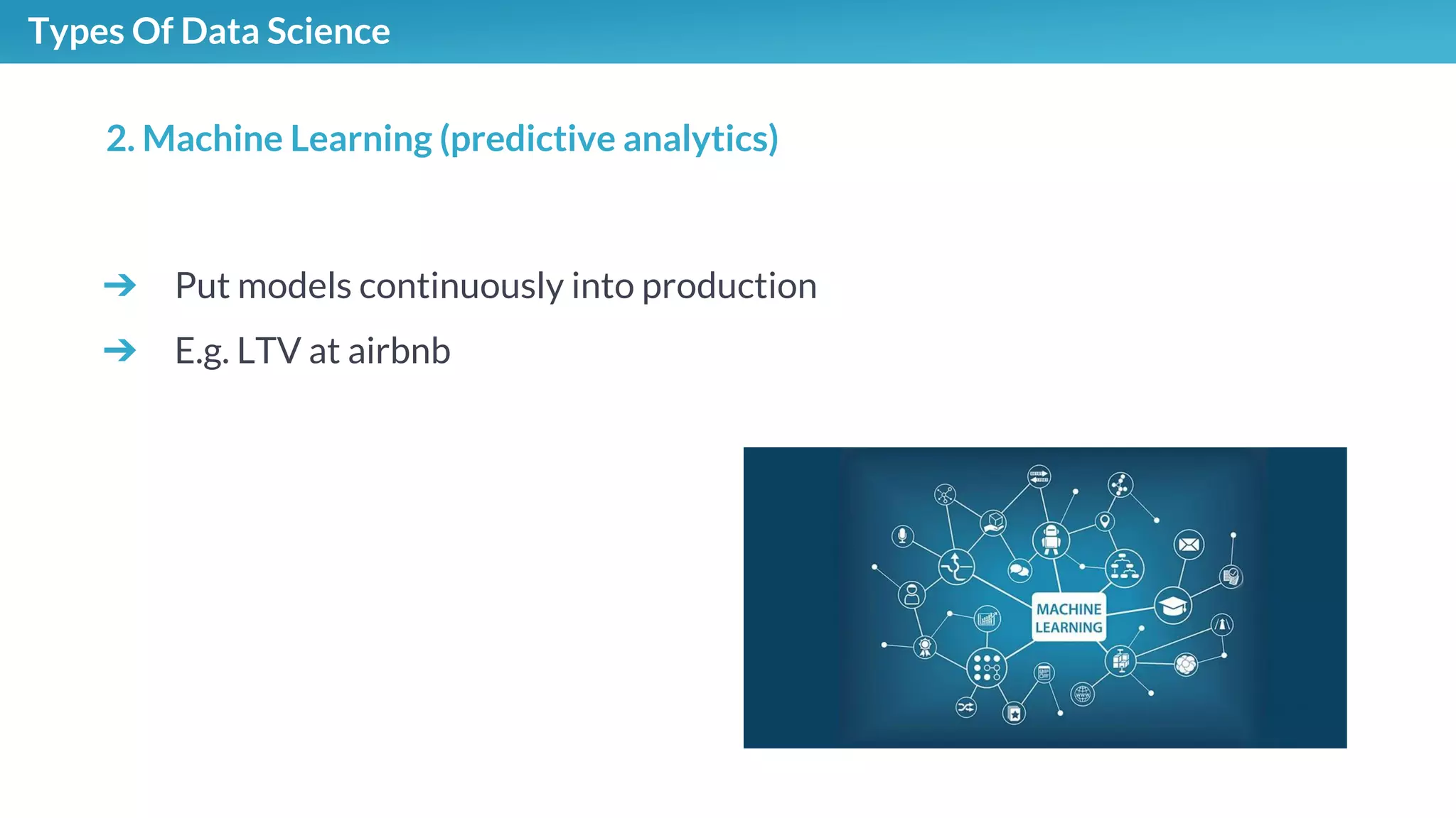 Types Of Data Science
➔ Put models continuously into production
➔ E.g. LTV at airbnb
2. Machine Learning (predictive analytics)
 