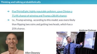 Thinking and talking probabilistically
➔ FiveThirtyEight, highly reputable pollsters, gave Clinton a
71.4% chance of winning and Trump a 28.6% chance.
➔ I.e., Trump winning, according to this model, was more likely
than flipping two coins and getting two heads, which has a
25% chance.
Andrew Gelman
Allen Downey
 