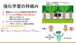 強化学習の枠組み
● 環境とエージェントの相互作用を考える
● エージェントが環境から受け取るもの
○ 観測：センサの値・入力
○ 報酬：直近の行動に対する評価
● エージェントが出力するもの
○ 行動：モータ出力 etc. (連続値/離散値)
● 目標：累積報酬を最大化
行動: a 観測: o
報酬: r
環境
エージェント
行動決定規則
状態: s，状態遷移ルール: P(s’|s, a)
観測モデル： P(o|s)
0 ≦ γ < 1
方策
 