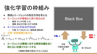 強化学習の枠組み
Black Box
● 環境とエージェントの相互作用を考える
● エージェントが環境から受け取るもの
○ 観測：センサの値・入力
○ 報酬：直近の行動に対する評価
● エージェントが出力するもの
○ 行動：モータ出力 etc. (連続値/離散値)
● 目標：累積報酬を最大化
● エージェントは環境に対する事前知識を全く
持たない状態でスタートする エージェント
行動決定規則
0 ≦ γ < 1
※報酬の関数は既知とすることもある
方策
行動: a 観測: o
報酬: r
 