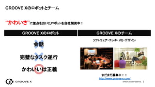 STRICTLY CONFIDENTIAL 　|
GROOVE Xのロボットとチーム
“かわいさ”に重点をおいたロボットを自社開発中！
　　　
GROOVE Xのロボット GROOVE Xのチーム
会話
完璧なタスク遂行
かわいいは正義
まだまだ募集中！！
http://www.groove-x.com/
ソフトウェア・エレキ・メカ・デザイン
 