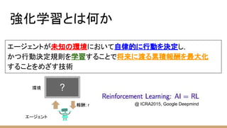 強化学習とは何か
エージェントが未知の環境において自律的に行動を決定し，
かつ行動決定規則を学習することで将来に渡る累積報酬を最大化
することをめざす技術
@ ICRA2015, Google Deepmind
エージェント
環境
報酬: r
?
 