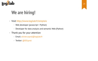  
We are hiring!
•  Visit http://www.logilab.fr/emplois
•  Web developer (javascript + Python)
•  Developer for data analysis and semantic Web (Python)
•  Thank you for your attention
•  Email: olivier.cayrol@logilab.fr
•  Twitter: @OCayrol
25
 