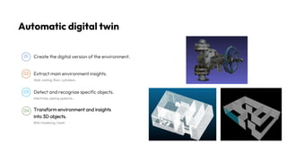 01 Create the digital version of the environment.
Transform environment and insights
into 3D objects.
Automatic digital tw...