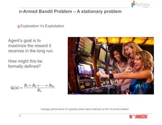 n-Armed Bandit Problem – A stationary problem
8
g Exploration Vs Exploitation
Average performance of ε-greedy action-value methods on the 10-armed testbed
Agent’s goal is to
maximize the reward it
receives in the long run.
How might this be
formally defined?
 