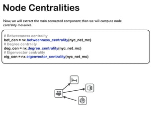Node Centralities
# Betweenness centrality
bet_cen = nx.betweenness_centrality(nyc_net_mc)
# Degree centrality
deg_cen = nx.degree_centrality(nyc_net_mc)
# Eigenvector centrality
eig_cen = nx.eigenvector_centrality(nyc_net_mc)
Now, we will extract the main connected component; then we will compute node
centrality measures.
 