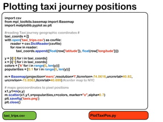 Plotting taxi journey positions
import csv
from mpl_toolkits.basemap import Basemap
import matplotlib.pyplot as plt
#reading Taxi journey geographic coordinates #
taxi_coords = []
with open('taxi_trips.csv') as csvfile:
reader = csv.DictReader(csvfile)
for row in reader:
taxi_coords.append([float(row['latitude']), float(row['longitude'])])
y = [i[0] for i in taxi_coords]
x = [i[1] for i in taxi_coords]
colors = ['k' for i in range(0, len(y))]
popularities = [0.1 for i in range(0, len(y))]
m = Basemap(projection='merc',resolution='l',llcrnrlon=-74.0616,urcrnrlat=40.82,
urcrnrlon=-73.8563,llcrnrlat=40.699) #center map to NYC
# maps geocoordinates to pixel positions
x1,y1=m(x,y)
m.scatter(x1,y1,s=popularities,c=colors, marker="o",alpha=0.7)
plt.savefig('taxis.png')
plt.close()
taxi_trips.csv PlotTaxiPos.py
 