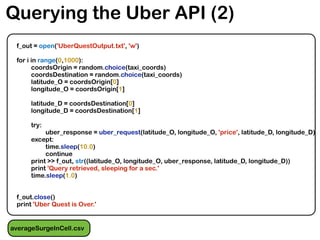 Querying the Uber API (2)
f_out = open('UberQuestOutput.txt', 'w')
for i in range(0,1000):
coordsOrigin = random.choice(taxi_coords)
coordsDestination = random.choice(taxi_coords)
latitude_O = coordsOrigin[0]
longitude_O = coordsOrigin[1]
latitude_D = coordsDestination[0]
longitude_D = coordsDestination[1]
try:
uber_response = uber_request(latitude_O, longitude_O, 'price', latitude_D, longitude_D)
except:
time.sleep(10.0)
continue
print >> f_out, str((latitude_O, longitude_O, uber_response, latitude_D, longitude_D))
print 'Query retrieved, sleeping for a sec.'
time.sleep(1.0)
f_out.close()
print 'Uber Quest is Over.'
averageSurgeInCell.csv
 