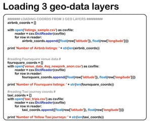 Loading 3 geo-data layers
####### LOADING COORDS FROM 3 GEO LAYERS #########
airbnb_coords = []
with open('listings_sample.csv') as csvfile:
reader = csv.DictReader(csvfile)
for row in reader:
airbnb_coords.append([float(row['latitude']), float(row['longitude'])])
print 'Number of Airbnb listings: ' + str(len(airbnb_coords))
#reading Foursquare venue data #
foursquare_coords = []
with open('venue_data_4sq_newyork_anon.csv') as csvfile:
reader = csv.DictReader(csvfile)
for row in reader:
foursquare_coords.append([float(row['latitude']), float(row['longitude'])])
print 'Number of Foursquare listings: ' + str(len(foursquare_coords))
#reading Taxi journey coords #
taxi_coords = []
with open('taxi_trips.csv') as csvfile:
reader = csv.DictReader(csvfile)
for row in reader:
taxi_coords.append([float(row['latitude']), float(row['longitude'])])
print 'Number of Yellow Taxi journeys: ' + str(len(taxi_coords))
 