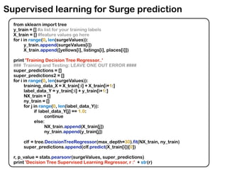 Supervised learning for Surge prediction
from sklearn import tree
y_train = [] #a list for your training labels
X_train = [] #feature values go here
for i in range(0, len(surgeValues)):
y_train.append(surgeValues[i])
X_train.append([yellows[i], listings[i], places[i]])
print 'Training Decision Tree Regressor..'
### Training and Testing: LEAVE ONE OUT ERROR ####
super_predictions = []
super_predictions2 = []
for i in range(0, len(surgeValues)):
training_data_X = X_train[:i] + X_train[i+1:]
label_data_Y = y_train[:i] + y_train[i+1:]
NX_train = []
ny_train = []
for j in range(0, len(label_data_Y)):
if label_data_Y[j] == 1.0:
continue
else:
NX_train.append(X_train[j])
ny_train.append(y_train[j])
clf = tree.DecisionTreeRegressor(max_depth=30).fit(NX_train, ny_train)
super_predictions.append(clf.predict(X_train[i])[0])
r, p_value = stats.pearsonr(surgeValues, super_predictions)
print 'Decision Tree Supervised Learning Regressor, r :' + str(r)
 