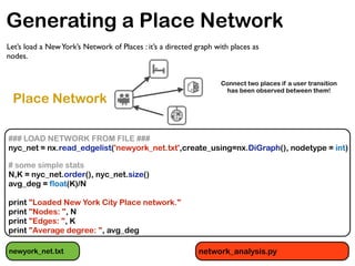 ### LOAD NETWORK FROM FILE ###
nyc_net = nx.read_edgelist('newyork_net.txt',create_using=nx.DiGraph(), nodetype = int)
# some simple stats
N,K = nyc_net.order(), nyc_net.size()
avg_deg = float(K)/N
print "Loaded New York City Place network."
print "Nodes: ", N
print "Edges: ", K
print "Average degree: ", avg_deg
Generating a Place Network
Let’s load a NewYork’s Network of Places : it’s a directed graph with places as
nodes.
Place Network
Connect two places if a user transition
has been observed between them!
newyork_net.txt network_analysis.py
 