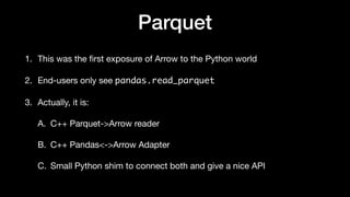 Parquet
1. This was the
fi
rst exposure of Arrow to the Python world
2. End-users only see pandas.read_parquet
3. Actually, it is:
A. C++ Parquet->Arrow reader
B. C++ Pandas<->Arrow Adapter
C. Small Python shim to connect both and give a nice API
 