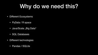 Why do we need this?
• Di
ff
erent Ecosystems
• PyData / R space
• Java/Scala „Big Data“
• SQL Databases
• Di
ff
erent technologies
• Pandas / SQLite
 
