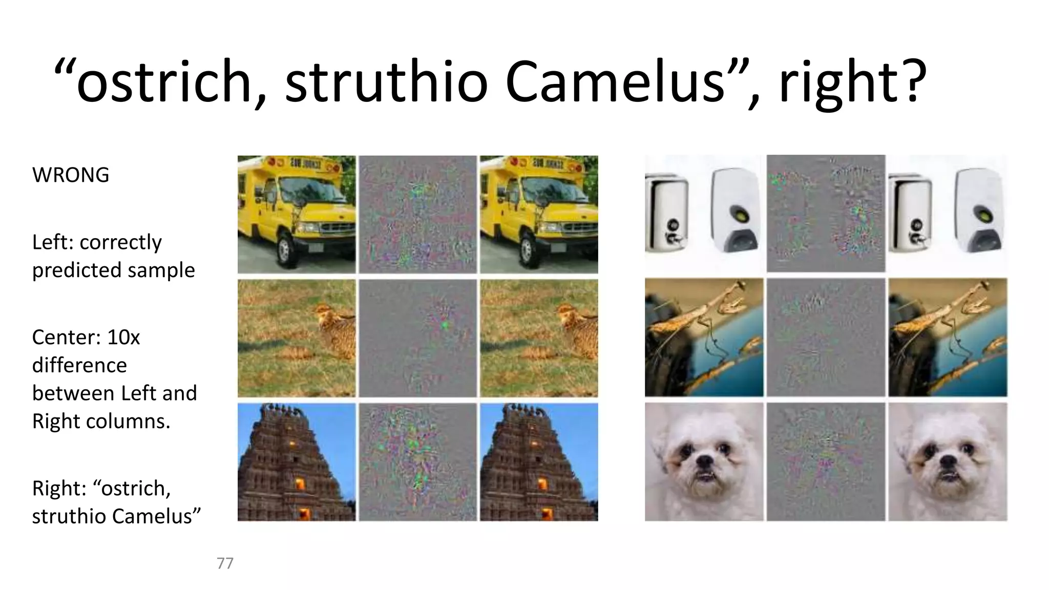 “ostrich, struthio Camelus”, right?
WRONG
Left: correctly
predicted sample
Center: 10x
difference
between Left and
Right columns.
Right: “ostrich,
struthio Camelus”
77
 