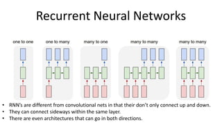 Recurrent Neural Networks
• RNN’s are different from convolutional nets in that their don’t only connect up and down.
• They can connect sideways within the same layer.
• There are even architectures that can go in both directions.
 