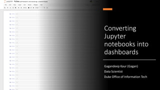 Converting
Jupyter
notebooks into
dashboards
Gagandeep Kaur (Gagan)
Data Scientist
Duke Office of Information Tech
 