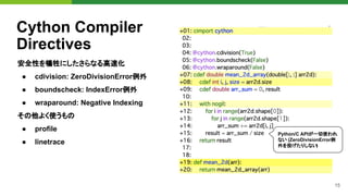 15
Cython Compiler
Directives
安全性を犠牲にしたさらなる高速化
● cdivision: ZeroDivisionError例外
● boundscheck: IndexError例外
● wraparound: Negative Indexing
その他よく使うもの
● profile
● linetrace
Python/C APIが一切使われ
ない (ZeroDivisionError例
外を投げたりしない)
 