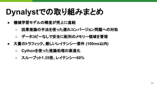 24
● 機械学習モデルの精度が売上に直結
○ 因果推論の手法を使った遅れコンバージョン問題への対処
○ データコピーなしで安全に配列のメモリー領域を管理
● 大量のトラフィック、厳しいレイテンシー要件 (100ms以内)
○ Cythonを使った推論処理の高速化
○ スループット1.35倍、レイテンシー60%
Dynalystでの取り組みまとめ
 