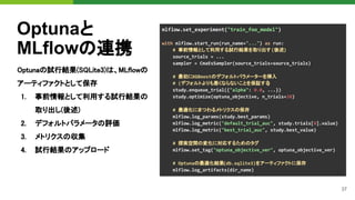 37
Optunaと
MLflowの連携
Optunaの試行結果(SQLite3)は、MLflowの
アーティファクトとして保存 
1. 事前情報として利用する試行結果の
取り出し(後述) 
2. デフォルトパラメータの評価 
3. メトリクスの収集 
4. 試行結果のアップロード 
mlflow.set_experiment("train_foo_model")
with mlflow.start_run(run_name="...") as run:
# 事前情報として利用する試行結果を取り出す(後述)
source_trials = ...
sampler = CmaEsSampler(source_trials=source_trials)
# 最初にXGBoostのデフォルトパラメーターを挿入
# (デフォルトよりも悪くならないことを保証する
)
study.enqueue_trial({"alpha": 0.0, ...})
study.optimize(optuna_objective, n_trials=20)
# 最適化にまつわるメトリクスの保存
mlflow.log_params(study.best_params)
mlflow.log_metric("default_trial_auc", study.trials[0].value)
mlflow.log_metric("best_trial_auc", study.best_value)
# 探索空間の変化に対応するためのタグ
mlflow.set_tag("optuna_objective_ver", optuna_objective_ver)
# Optunaの最適化結果(db.sqlite3)をアーティファクトに保存
mlflow.log_artifacts(dir_name)
 