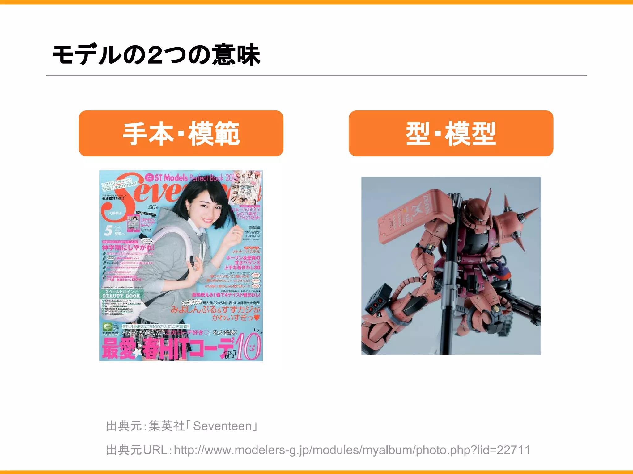 モデルの２つの意味
型・模型手本・模範
出典元：集英社「Seventeen」
出典元URL：http://www.modelers-g.jp/modules/myalbum/photo.php?lid=22711
 