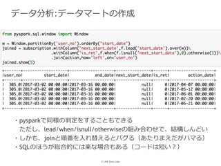 © LINE Data Labs
データ分析:データマートの作成
・pysparkで同様の判定をすることもできる
ただし、lead/when/isnull/otherwiseの組み合わせで、結構しんどい
・しかも、joinと順番を入れ替えるとバグる（あたりまえだがハマる）
・SQLのほうが総合的には楽な場合もある（コードは短い？）
 