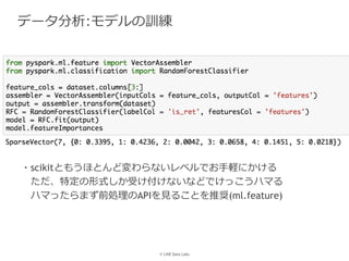 © LINE Data Labs
データ分析:モデルの訓練
・scikitともうほとんど変わらないレベルでお手軽にかける
ただ、特定の形式しか受け付けないなどでけっこうハマる
ハマったらまず前処理のAPIを見ることを推奨(ml.feature)
 