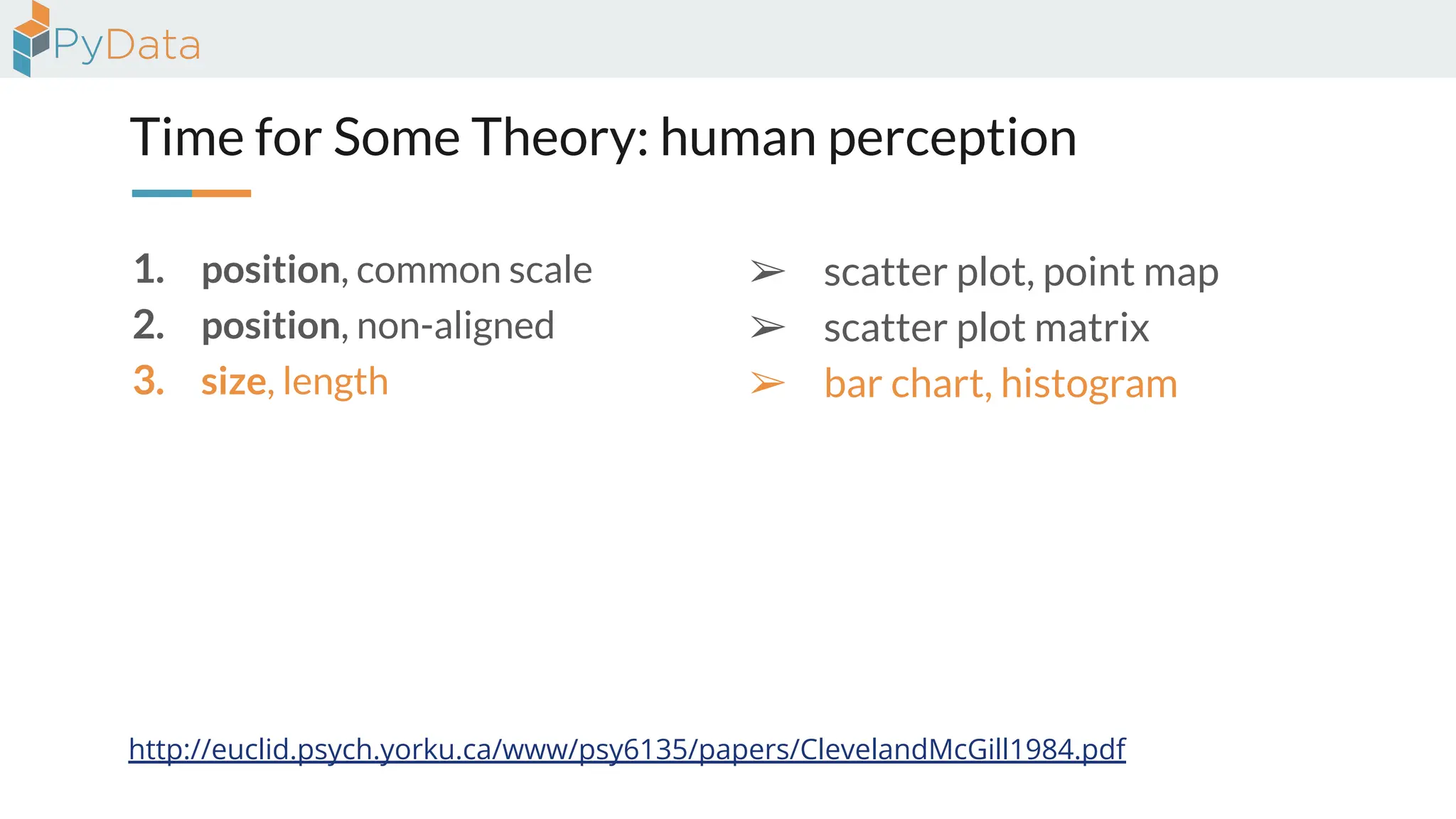 Time for Some Theory: human perception
1. position, common scale
2. position, non-aligned
3. size, length
http://euclid.psych.yorku.ca/www/psy6135/papers/ClevelandMcGill1984.pdf
➢ scatter plot, point map
➢ scatter plot matrix
➢ bar chart, histogram
 