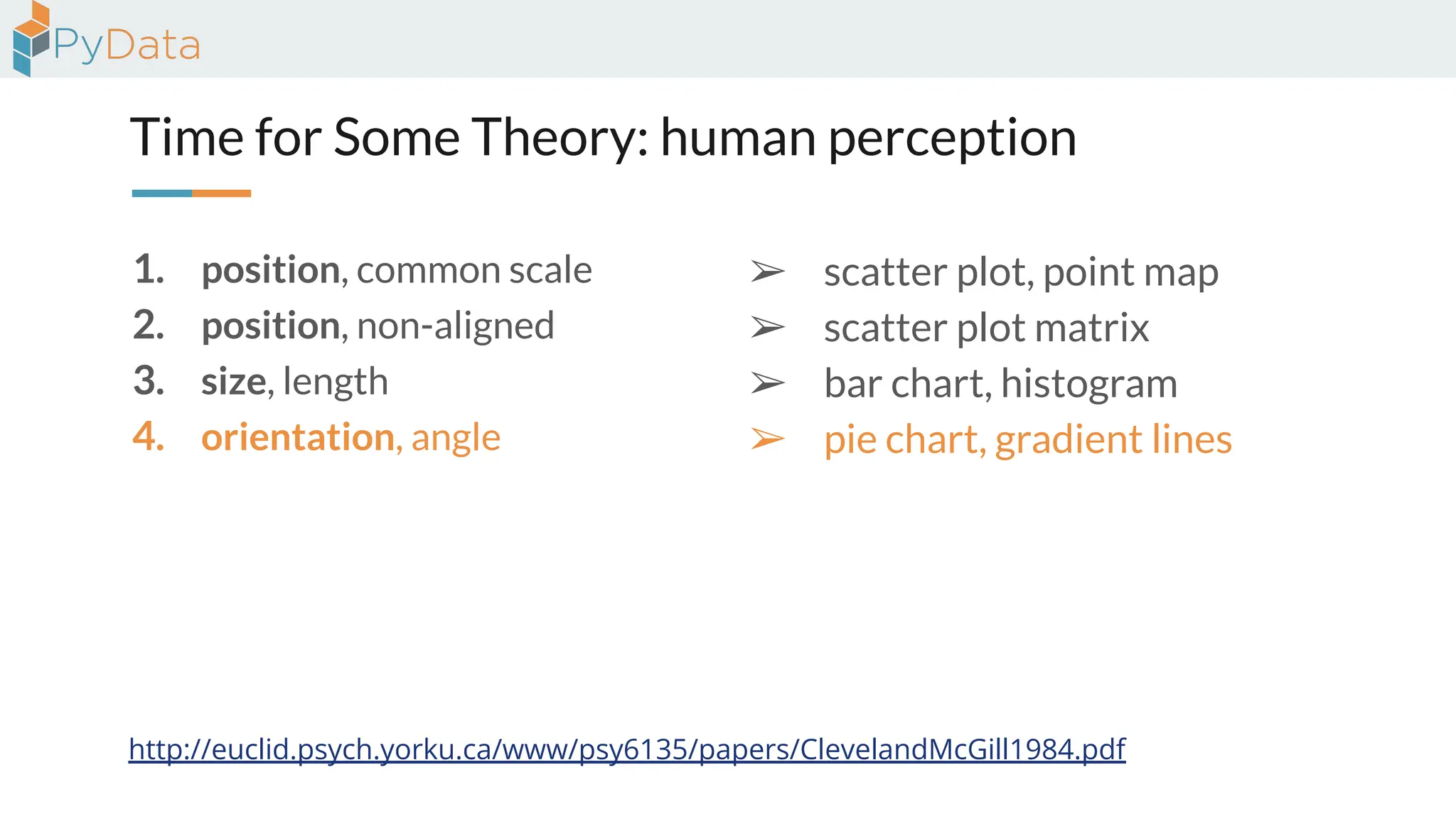 Time for Some Theory: human perception
1. position, common scale
2. position, non-aligned
3. size, length
4. orientation, angle
http://euclid.psych.yorku.ca/www/psy6135/papers/ClevelandMcGill1984.pdf
➢ scatter plot, point map
➢ scatter plot matrix
➢ bar chart, histogram
➢ pie chart, gradient lines
 