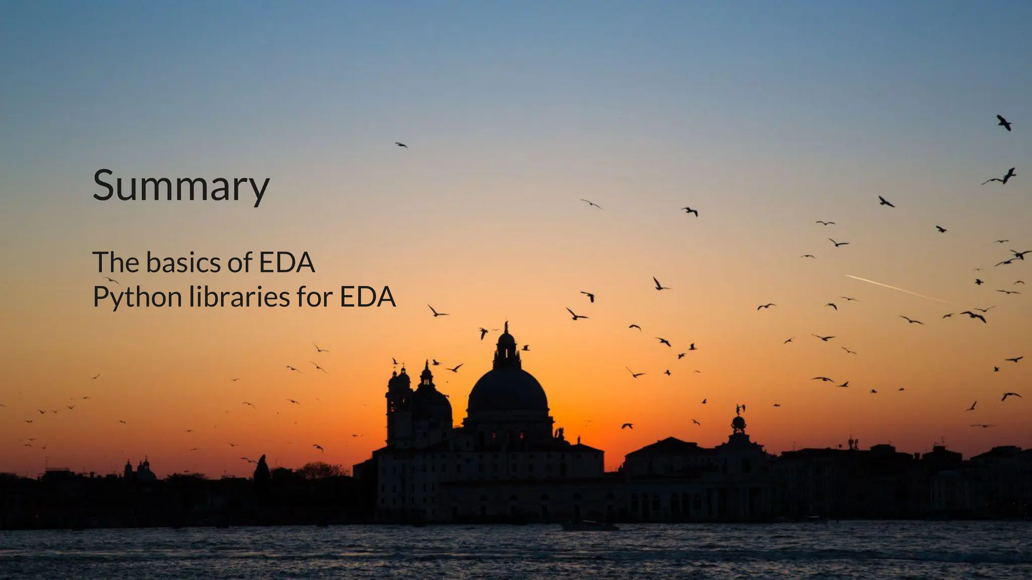 Summary
The basics of EDA
Python libraries for EDA
 