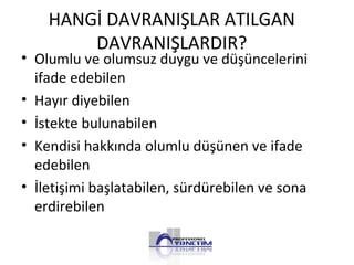 HANGİ DAVRANIŞLAR ATILGAN
DAVRANIŞLARDIR?
• Olumlu ve olumsuz duygu ve düşüncelerini
ifade edebilen
• Hayır diyebilen
• İstekte bulunabilen
• Kendisi hakkında olumlu düşünen ve ifade
edebilen
• İletişimi başlatabilen, sürdürebilen ve sona
erdirebilen
 